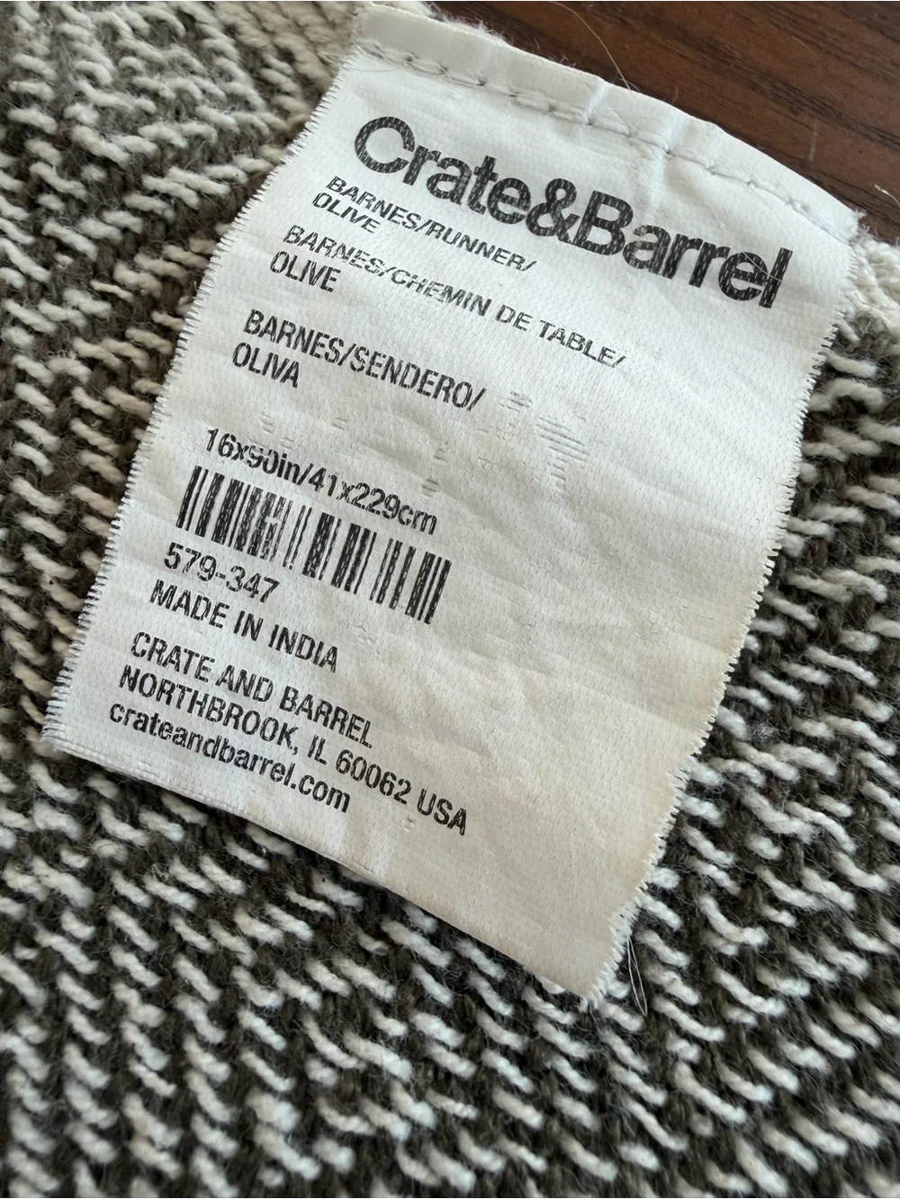 Crate & Barrel Linen Blend Herringbone Table Runner Olive Fringed 16 x 90